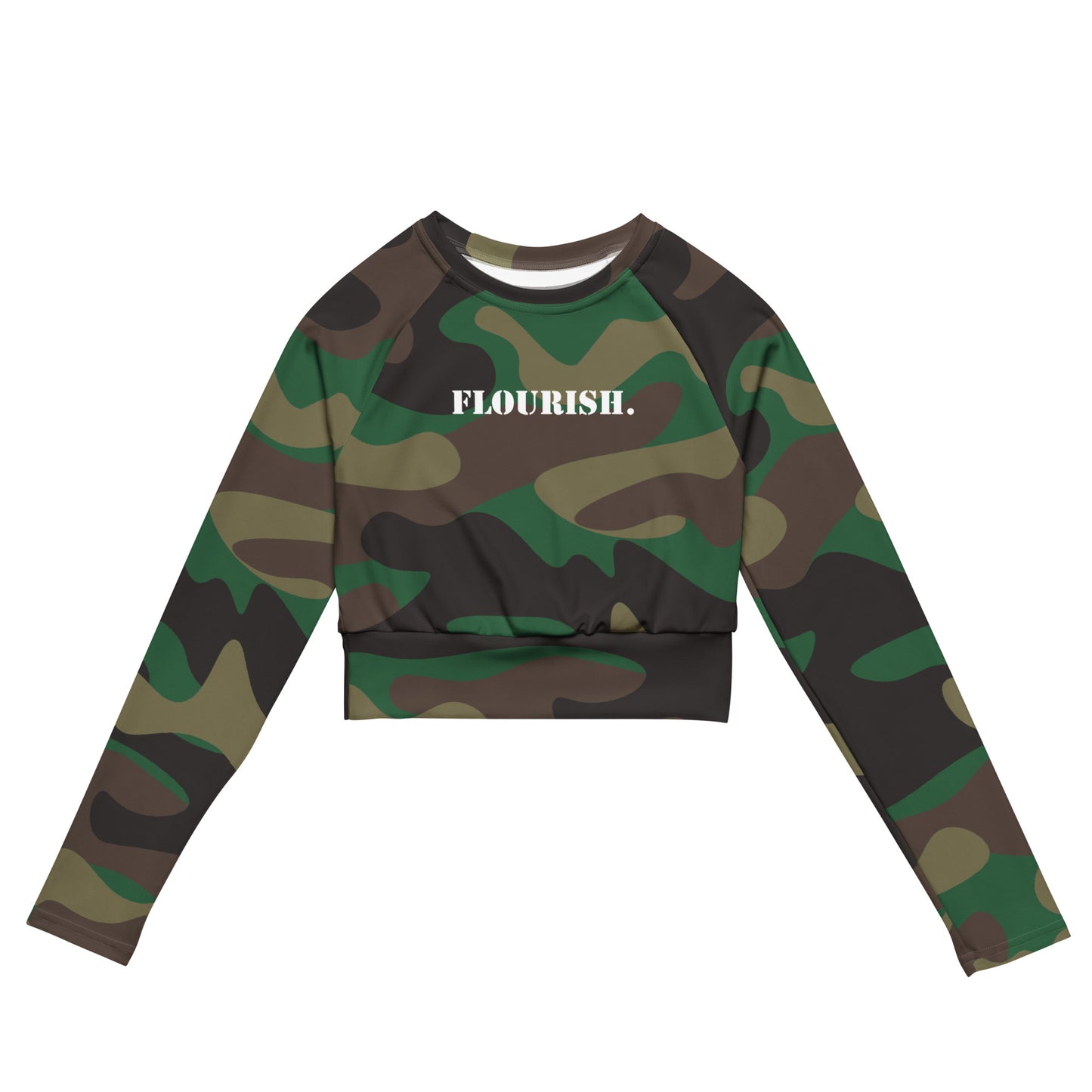 "Flourish." Recycled Long-Sleeve Crop Top - Green Camouflage