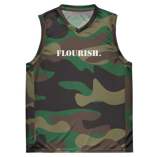 Flourish. Recycled Unisex Basketball Jersey - Green Camoflauge